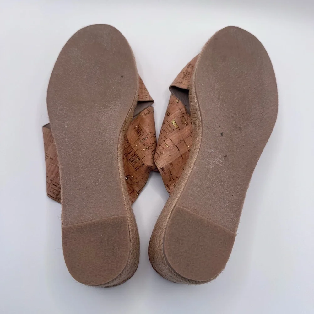 Jack Rogers Sloane Cork & Gold Wedge Espadrille Slip On Heeled Sandals Sz 10